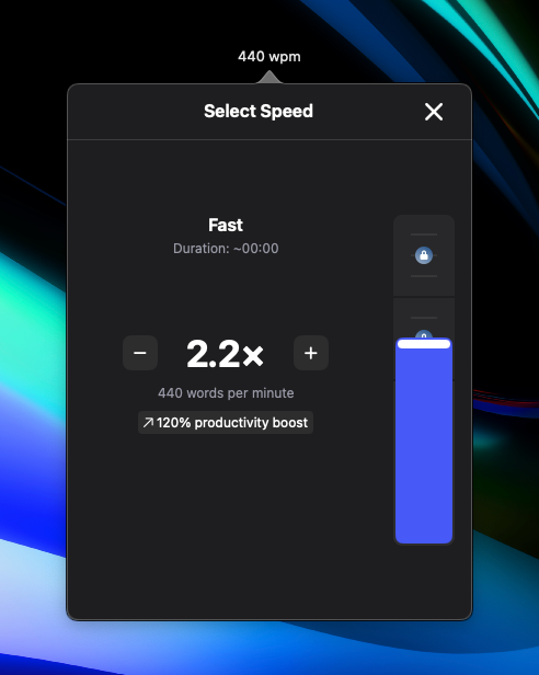Reading Speed Slider on the Mac App